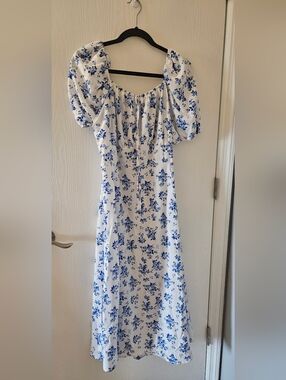 SHEIN White Dress with Blue Floral Accents